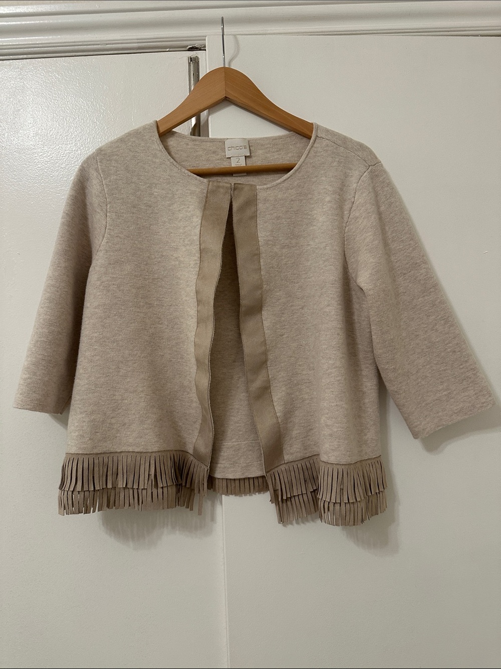 Chico's Neutral Taupe Open-Front Knit Cardigan with Fringe - Picture 1 of 7